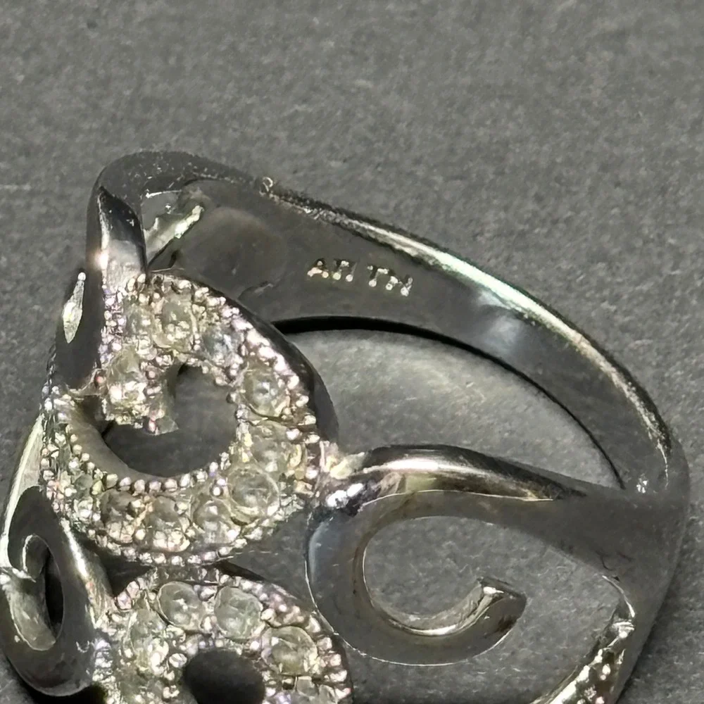 Signed Anatolia AN TH Silver Tone Pave Crystal Wide Scroll Statement Ring 8 Y2K
